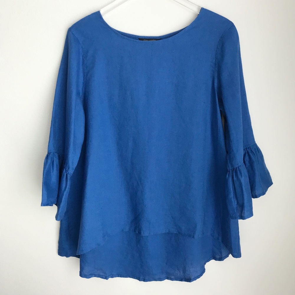 John Mark Linen Relaxed Linen Top Size M Royal Blue Bell Sleeve High Low Hem